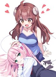 2girls absurdres blush breasts brown_horns chiyoda_momo closed_mouth curled_horns demon_horns demon_tail green_eyes heart highres horns large_breasts long_hair long_sleeves lying machikado_mazoku multiple_girls on_side pink_hair simple_background suzushi_moruto tail white_background yoshida_yuuko_(machikado_mazoku) yuri