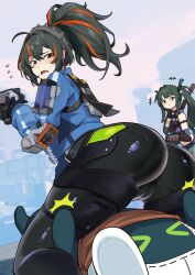 &gt;_&lt; +++ 2girls :t ahoge android ass bangboo_(zenless_zone_zero) black_choker black_gloves black_hair black_shirt blue_jacket blush choker closed_mouth clothes_writing commentary_request crop_top eous_(zenless_zone_zero) fang gauntlets gloves green_eyes green_hair green_ribbon gun hair_between_eyes hair_ribbon high-waist_pants highres holding holding_gun holding_staff holding_weapon holster holstered hpapo jacket kneeling long_hair looking_at_another metal_hairband midriff multicolored_hair multiple_girls nose_blush open_clothes open_jacket open_mouth outdoors pants police police_uniform policewoman ponytail qingyi_(zenless_zone_zero) red_eyes red_hair ribbon robot_girl shirt shorts shoulder_holster sidelocks skin_fang sleeveless sleeveless_shirt staff standing streaked_hair three_section_staff tight_clothes tight_pants twintails two-tone_hair wavy_mouth weapon white_shirt zenless_zone_zero zhu_yuan