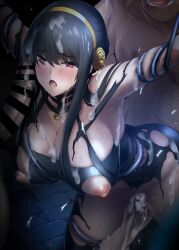 1girl 2boys bar_censor black_dress black_hair blush breasts bukkake censored cleavage clothed_female_nude_male commentary_request cum cum_in_pussy cum_on_body cum_on_penis dress erection flower gold_hairband group_sex hair_flower hair_ornament hairband hetero highres large_breasts large_variant_set long_hair looking_at_viewer mmf_threesome multiple_boys nipples nude onigirikun open_mouth paid_reward_available penis pussy_juice rape red_eyes restrained rose sex sex_from_behind solo_focus spy_x_family sweat threesome torn_clothes torn_dress variant_set yor_briar