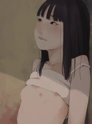 1girl black_eyes black_hair blunt_bangs closed_mouth clothes_lift collarbone flat_chest loli long_hair nipples no_bra original otohime_(youngest_princess) shirt shirt_lift sleeveless sleeveless_shirt straight_hair strap_slip upper_body white_shirt
