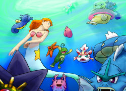 1girl 6+others blue_eyes corsola creatures_(company) dtjaewon2348 game_freak gen_1_pokemon gen_2_pokemon gen_3_pokemon goldeen gyarados horsea innertube kneeless_mermaid long_hair luvdisc marill mermaid mermaid_misty_(pokemon) misty_(pokemon) monster_girl multiple_others nintendo orange_hair pokemon pokemon_(anime) pokemon_(classic_anime) pokemon_(creature) politoed psyduck shell shell_bikini smile starmie staryu swim_ring togetic underwater