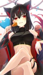 1girl ahoge animal_ear_fluff animal_ears black_hair black_jacket black_shirt black_shorts blush braid commentary_request crop_top crossed_legs earrings food fox_ears fox_girl fox_tail grin hair_between_eyes highres holding holding_food hololive jacket jewelry kirimoya kurokami_fubuki long_hair looking_at_viewer multicolored_hair open_clothes open_jacket red_eyes red_hair shirt short_shorts shorts sidelocks single_braid sitting smile solo streaked_hair tail thigh_strap virtual_youtuber