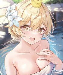1girl :d bare_shoulders blonde_hair blush breasts cleavage collarbone commentary_request day english_text engrish_text flower genshin_impact hair_between_eyes hair_flower hair_ornament hand_on_own_chest highres looking_at_viewer lumine_(genshin_impact) medium_breasts naked_towel nk7ss onsen open_mouth outdoors ranguage rubber_duck short_hair_with_long_locks smile solo towel water watermark white_flower yellow_eyes