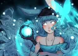 Rule 34 | 1girl, absurdres, animal ears, black headscarf, black scarf, blue butterfly, blue eyes, blue hair, blue shirt, blush, bug, butterfly, commentary, druid rabbit, english commentary, expressionless, floating hair, glowing, glowing eyes, headscarf, highres, holding, holding staff, insect, jewelry, long hair, looking at viewer, lygofer, mage staff, necklace, off-shoulder shirt, off shoulder, open mouth, rabbit and steel, rabbit ears, rabbit girl, scarf, shirt, short sleeves, solo, staff, upper body, very long hair, wavy hair