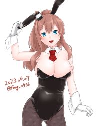 Rule 34 | 1girl, absurdres, alternate costume, animal ears, black leotard, black pantyhose, blue eyes, breasts, brown hair, cleavage, dated, detached collar, fake animal ears, fishnet pantyhose, fishnets, furaggu (frag 0416), gloves, gluteal fold, hair between eyes, high side ponytail, highres, kantai collection, large breasts, leotard, necktie, one-hour drawing challenge, pantyhose, playboy bunny, ponytail, rabbit ears, red necktie, saratoga (kancolle), side ponytail, sidelocks, simple background, smile, smokestack hair ornament, solo, strapless, strapless leotard, twitter username, white background, white gloves, wrist cuffs