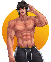 Rule 34 | 1boy, abs, armpit hair, brown hair, headphones, heat stroke, highres, indie virtual youtuber, kite hasegawa, male focus, montymong, muscular, tan, tanline, yellow eyes