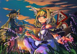 Rule 34 | 2girls, animal ears, arknights, bare shoulders, basket, blonde hair, blue hairband, chinese commentary, commentary, flower, fox ears, fox girl, fox tail, green eyes, hair rings, hairband, highres, holding, holding basket, holding flower, long hair, mother and daughter, multiple girls, open mouth, outdoors, port1048, road sign, sign, suzuran (arknights), tail, vulpisfoglia (arknights)