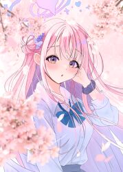 1girl :o absurdres alternate_costume black_scrunchie blue_archive blue_bow blue_bowtie blush bow bowtie byakko_0410 cherry_blossoms collared_shirt commentary day dress_shirt eyelashes falling_petals floating_hair flower hair_between_eyes hair_bun hair_flower hair_ornament halo hand_up highres long_hair long_sleeves looking_at_viewer mika_(blue_archive) open_mouth outdoors petals pink_hair pink_halo purple_flower school_uniform scrunchie shirt sidelocks single_side_bun solo straight_hair unworn_eyewear upper_body very_long_hair white_shirt wind wrist_scrunchie yellow_eyes