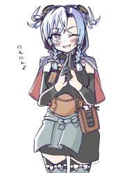 1girl black_shirt black_thighhighs blue_eyes blue_hair braid grey_hood headgear highres hood hood_up kantai_collection kuji-in looking_at_viewer one_eye_closed shimane_maru_(kancolle) shirt short_hair side_braids smile solo tatahai thighhighs twin_braids