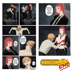 Rule 34 | 1boy, 1girl, absurdres, aki-chan (dismaiden), black necktie, blonde hair, blood, blood on clothes, blood on face, blunt bangs, blunt ends, bra, breasts, brown eyes, bruise, bruise on face, chainsaw man, comic, commentary, cosplay, denji (chainsaw man), dismaiden, english commentary, english text, formal clothes, grabbing another&#039;s breast, grin, groping, hair ornament, hairclip, hayakawa aki, hayakawa aki (cosplay), hetero, high heels, highres, huge breasts, injury, kicking, kneeing, long hair, navel, necktie, open clothes, open shirt, original, parody, red bra, red eyes, red hair, signature, smile, sparkle, suit, underwear
