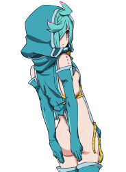1girl ahoge anemo_nemo ass boots breasts cape covering_ass covering_privates cowboy_shot elbow_gloves from_behind gloves green_boots green_hair highres hood hood_up looking_back mahou_shoujo_ni_akogarete scar short_hair simple_background small_breasts solo suzunarisakuya white_background