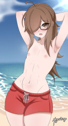 1boy absurdres ahoge armpits arms_behind_head arms_up artist_name beach blue_sky blurry blurry_background blush brown_eyes brown_hair collarbone commentary cowboy_shot day english_commentary glasses hair_over_one_eye highres long_hair looking_at_viewer male_swimwear meganethings mole mole_on_armpit mole_on_stomach mole_under_eye multiple_moles navel nipples ocean one_eye_covered open_mouth original outdoors parted_bangs red_male_swimwear red_swim_trunks semi-rimless_eyewear sky solo standing swim_trunks teeth trap under-rim_eyewear upper_teeth_only yume_(meganethings)