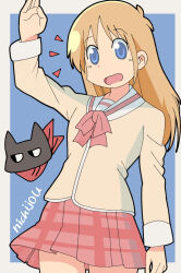 1girl :d aged_up animal black_cat black_eyes blonde_hair blue_background blue_eyes border cat commentary copyright_name cowboy_shot highres inset long_hair looking_at_viewer looking_to_the_side mi_(roki012) nichijou notice_lines open_mouth professor_shinonome sakamoto_(nichijou) scarf school_uniform simple_background smile standing tokisadame_school_uniform waving white_border