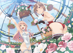 2girls ass basket black_gloves black_thighhighs bow bowtie brown_eyes brown_hair covered_navel cowboy_shot dutch_angle flower frilled_thighhighs frills glass_dome gloves heibonkaeru highleg highleg_leotard highres indoors leotard long_hair multiple_girls original pink_hair playboy_bunny red_bow red_bowtie red_leotard rose side-tie_leotard smile thighhighs white_leotard white_thighhighs