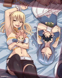 Rule 34 | 2girls, absurdres, armpits, artist name, black hair, black shorts, black thighhighs, blonde hair, blue hair, blue hat, blue shirt, breasts, brown eyes, character doll, closed eyes, commentary, doll, english commentary, fairy tail, gray fullbuster, grin, hat, highres, hugging doll, hugging object, joshdinobarney, juvia lockser, key, large breasts, long hair, lucy heartfilia, lying, midriff, multiple girls, natsu dragneel, navel, on bed, open mouth, pink hair, sharp teeth, shirt, short shorts, short twintails, shorts, sidelocks, skirt, smile, teeth, thighhighs, twintails, twitter username, unworn hat, unworn headwear, upper teeth only, white skirt