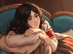 1girl armband black_eyes black_hair brown_skirt couch curly_hair grey_jacket head_on_hand highres jacket light_smile long_hair oivsyo on_couch pieck_finger pillow plaid_clothes plaid_skirt red_armband shingeki_no_kyojin shirt signature skirt solo white_shirt