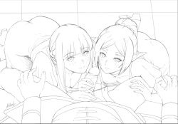 Rule 34 | 1boy, 2girls, akobeul, alternate hairstyle, artist name, ass, blunt bangs, breasts, cleavage, cooperative handjob, downblouse, dress, elf, fern (sousou no frieren), ffm threesome, frieren, from above, group sex, handjob, highres, large breasts, lineart, long hair, looking at viewer, monochrome, multiple girls, nipples, parted bangs, penis, pointy ears, pov, pov crotch, signature, small breasts, smile, sousou no frieren, stark (sousou no frieren), teamwork (sexual), thick thighs, thighs, threesome, unbuttoned, uncensored, updo, veins, veiny penis