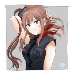 Rule 34 | 1girl, black dress, blue eyes, blush, border, breast pocket, breasts, brown hair, closed mouth, dated, dress, ear piercing, heart lock (kantai collection), high side ponytail, highres, kantai collection, long hair, looking at viewer, medium breasts, neckerchief, piercing, pocket, ponytail, red neckerchief, saratoga (kancolle), sidelocks, simple background, sleeveless, sleeveless dress, smokestack hair ornament, solo, twitter username, upper body, zippo teifujou