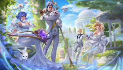 2boys 2girls aizukie armor bare_shoulders black_hair blonde_hair blue_eyes boots breasts cloud crystal_rose_ezreal crystal_rose_jarvan_iv crystal_rose_lux crystal_rose_sona day detached_sleeves dress ezreal flower formal_clothes gloves high_heels highres holding holding_hands holding_weapon jacket jarvan_iv_(league_of_legends) league_of_legends league_of_legends:_wild_rift long_hair looking_at_another lux_(league_of_legends) medium_breasts multiple_boys multiple_girls official_alternate_costume outdoors pants pauldrons poro_(league_of_legends) purple_flower purple_hair purple_rose rose shirt short_hair shoulder_armor sitting sky smile sona_(league_of_legends) suit teeth veil vest weapon white_dress white_flower white_gloves white_jacket white_pants white_rose white_shirt white_suit white_vest yordle