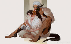 2boys absurdres beard black_sclera book character_request colored_sclera couple dark-skinned_male dark_skin dragon_boy dragon_horns dragon_tail facial_hair final_fantasy final_fantasy_xiv hand_in_another&#039;s_hair hien_rijin highres holding holding_book horns interspecies long_hair male_focus mature_male multiple_boys naked_robe pectorals reading robe scar scar_on_leg shiyikuaiqingtai_(weibo7279846390) short_hair size_difference smile tail toned toned_male tying_hair warrior_of_light_(ff14) watermark weibo_watermark yaoi