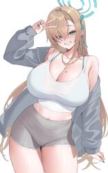 1girl alternate_costume arm_up asuna_(blue_archive) bikini bikini_under_clothes bikini_visible_through_clothes blonde_hair blue_archive blue_bikini blue_eyes blue_halo blue_nails blue_ribbon blush bra bra_visible_through_clothes breasts cleavage collarbone commentary_request contrapposto fingernails grey_jacket grey_shorts grin hair_over_one_eye hair_ribbon halo highres huge_breasts jacket kuavera long_fingernails long_hair long_sleeves looking_at_viewer mole mole_on_breast nail_polish open_clothes ribbon see-through_clothes see-through_shirt shirt short_shorts shorts simple_background smile solo swimsuit tank_top thick_thighs thighs underwear v very_long_hair white_background white_tank_top