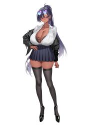 1girl absurdres black_bra black_hair black_jacket black_skirt black_thighhighs blush bra breasts brown_eyes cleavage closed_mouth collarbone collared_shirt commission dark-skinned_female dark_skin earrings eyewear_on_head full_body gradient_hair hair_between_eyes heart heart-shaped_eyewear high_heels highres huge_breasts jacket jewelry leather leather_jacket long_sleeves looking_at_viewer multicolored_hair original pleated_skirt ponytail purple_eyes school_uniform shirt simple_background skirt smile standing sunglasses thighhighs two-tone_hair underwear white_background white_shirt yan.c