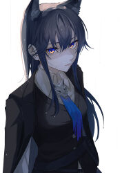 1girl absurdres animal_ear_fluff animal_ears arknights black_hair black_jacket breasts closed_mouth collared_shirt hair_between_eyes highres jacket jacket_on_shoulders long_hair looking_at_viewer naruse_azusa purple_eyes shirt simple_background small_breasts solo texas_(arknights) texas_the_omertosa_(arknights) very_long_hair wet wet_hair white_background white_shirt