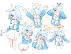 Rule 34 | 1girl, :&lt;, ame miya ta, angry, arms behind back, arona (blue archive), blue archive, blue eyes, blue hair, blue halo, bow hairband, braid, choker, clenched hand, closed eyes, closed mouth, colored inner hair, crossed legs, crying, flying sweatdrops, green halo, hair over one eye, hairband, halo, hands up, happy, head steam, heart, heart halo, highres, holding, holding weapon, looking at viewer, melting halo, midriff peek, multicolored hair, multiple views, neckerchief, open mouth, orange halo, pink hair, pleated skirt, red halo, sailor collar, school uniform, serafuku, simple background, single braid, skirt, smile, solo, sparkling eyes, surprised, sweatdrop, weapon, white background, white choker, white hairband, white neckerchief, white sailor collar, white skirt