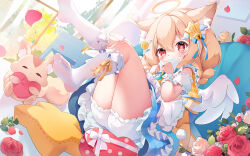 1girl angel_wings animal_ear_fluff animal_ears apron artist_request bell blonde_hair bloomers blue_bow blush bow button_hair_ornament covering_own_mouth detached_sleeves dress drill_hair envelope feet flower food frilled_apron frilled_dress frilled_socks frilled_wrist_cuffs frills full_body hair_bell hair_between_eyes hair_bow hair_ornament hairclip halo hanamaru_lily heart heart-shaped_food highres holding holding_envelope letter long_hair looking_at_viewer love_letter mismatched_pupils no_shoes original puffy_detached_sleeves puffy_sleeves red_eyes rose second-party_source sitting sleeveless sleeveless_dress socks solo star-shaped_pillow star-shaped_pupils star_(symbol) star_hair_ornament stuffed_animal stuffed_toy symbol-shaped_pupils toes twin_drills underwear white_apron white_bloomers white_sleeves white_socks white_wings white_wrist_cuffs wings wrist_cuffs yellow_dress yellow_halo