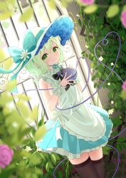 1girl absurdres alternate_costume apron cowboy_shot flower green_hair hat hat_flower hat_ribbon highres koishi_day komeiji_koishi looking_at_viewer ribbon smile solo standing third_eye touhou white_apron white_hat wrainman