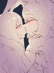 2girls absurdres amiya_(arknights) animal_ears arknights blush braid closed_eyes highres hitobashira_(1746164306) holding_hands interlocked_fingers jewelry kiss kiss_focus leopard_ears leopard_girl limited_palette long_hair multiple_girls pramanix_(arknights) rabbit_ears rabbit_girl ring short_hair size_difference sketch turtleneck yuri