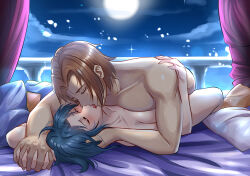 07th_expansion 1boy 1girl absurdres blush brown_hair chie_rumiko commission completely_nude couple couple_sex highres higurashi_no_naku_koro_ni irie_kyousuke kiss missionary moaning moon moonlight non-web_source nude open_mouth orgasm pillow vaginal