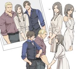 Rule 34 | !?, 1girl, 2boys, age progression, bandaged arm, bandages, belt, black pants, black vest, blonde hair, blue eyes, blue shirt, breasts, brown hair, brown shirt, buttons, closed eyes, closed mouth, collared shirt, crying, crying with eyes open, dress, jack krauser, leon s. kennedy, long hair, manuela hidalgo, multiple boys, pants, photo (object), resident evil, resident evil: the darkside chronicles, resident evil 4, scar, scar across eye, scar on face, shirt, short hair, sleeves rolled up, smile, tatsumi (psmhbpiuczn), tears, teeth, torn clothes, torn dress, vest, white dress