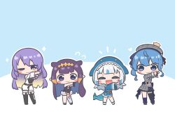 4girls ^_^ absurdres bare_shoulders beret bibbidiba_(hololive) blonde_hair blue_eyes blue_hair blush_stickers boots chibi closed_eyes colored_inner_hair dancing fins fish_tail gawr_gura gawr_gura_(1st_costume) gradient_hair hair_ribbon hairband hat highres hololive hololive_english hololive_indonesia hood hoodie hoshimachi_suisei hoshimachi_suisei_(1st_costume) long_hair looking_at_viewer medium_hair mole mole_under_eye moona_hoshinova moona_hoshinova_(1st_costume) mpien multicolored_hair multiple_girls ninomae_ina&#039;nis ninomae_ina&#039;nis_(1st_costume) one_eye_closed open_mouth orange_hair purple_eyes purple_hair ribbon shark_tail sharp_teeth side_ponytail smile stitches streaked_hair tail teeth tentacle_hair virtual_youtuber white_hair yellow_eyes