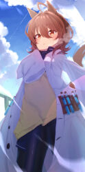 1girl absurdres agnes_tachyon_(umamusume) ahoge animal_ears bandolier belt black_pantyhose black_shirt blue_sky blush brown_hair cloud cloudy_sky coat collarbone commentary_request cork corked_bottle cowboy_shot gorioshi0802 hair_between_eyes highres horse_ears horse_girl horse_tail lab_coat long_sleeves messy_hair open_clothes open_coat open_mouth outdoors pantyhose red_eyes shirt short_hair sky sleeves_past_fingers sleeves_past_wrists smile solo sweater_vest tail test_tube umamusume very_long_sleeves white_coat yellow_sweater_vest