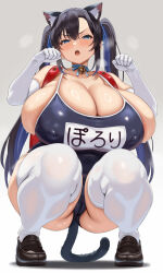 1girl animal_ears backpack bag bell blue_eyes blue_hair blue_one-piece_swimsuit blush breasts brown_hair brown_shoes bursting_breasts cameltoe cat_ears cat_girl cat_tail chomikuplus cleavage covered_erect_nipples curvy elbow_gloves full_body gigantic_breasts gloves grey_background hair_between_eyes highres huge_breasts jingle_bell loafers long_hair looking_at_viewer multicolored_hair neck_bell one-piece_swimsuit open_mouth original plump randoseru school_swimsuit shoes simple_background solo squatting steaming_body swimsuit tail thick_thighs thighhighs thighs twintails two-tone_hair very_long_hair white_gloves white_thighhighs wide_hips