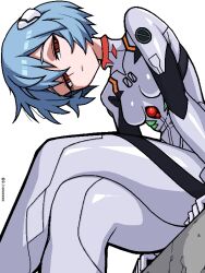 Rule 34 | 1girl, ayanami rei, blue hair, bodysuit, breasts, closed mouth, crossed legs, hair between eyes, half-closed eyes, jaggy lines, ji heeeeeee, korean commentary, looking at viewer, mecha pilot suit, neon genesis evangelion, plugsuit (evangelion), red eyes, short hair, simple background, sitting, small breasts, solo, twitter username, white background, white bodysuit