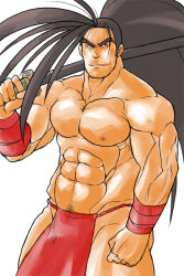 1boy abs ass bara beard_stubble biceps black_hair closed_mouth collarbone commentary_request facial_hair haoumaru holding holding_sword holding_weapon katana long_hair looking_at_viewer magnum_feering male_focus muscular muscular_male navel nipples over_shoulder pectorals ponytail red_loincloth samurai_spirits smile stubble sword sword_over_shoulder topless_male weapon weapon_over_shoulder white_background