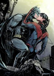 2boys artist_name ass bara batman batman_(series) belt black_bodysuit black_cape black_gloves black_hair bodysuit bruce_wayne cape city clenched_hand closed_mouth covered_abs day dc_comics dick_grayson domino_mask evinist eye_contact gloves grey_bodysuit hand_on_another&#039;s_face hand_on_another&#039;s_head incest large_pectorals leg_up looking_at_another male_focus mask multiple_boys muscular muscular_male nightwing outdoors pectorals red_bodysuit short_hair sky statue taut_bodysuit taut_clothes thick_thighs thighs two-tone_bodysuit yaoi