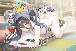 Rule 34 | absurdres, aris (blue archive), ass, bare arms, bare shoulders, barefoot, black hair, blue archive, blue eyes, blue halo, breasts, hair between eyes, halo, highres, long hair, looking at viewer, micasa tto, nude, playground, puzzle, robot, robot girl, side ponytail, small breasts, thighs