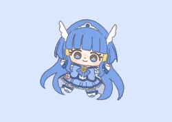 Rule 34 | 1girl, absurdly long hair, aoki reika, bag bow, blue background, blue bow, blue bowtie, blue eyes, blue hair, blue ribbon, blue shirt, blue skirt, blue theme, blue wrist cuffs, blunt bangs, boots, bow, bowtie, bridal gauntlets, brooch, chibi, closed mouth, coattails, cure beauty, dot nose, eyelashes, footwear ribbon, frilled skirt, frilled sleeves, frills, hair ornament, hair tubes, happy, ichigo usuhana, jewelry, knee boots, light blush, long hair, looking at viewer, magical girl, miniskirt, outstretched arms, pink bow, pleated skirt, precure, ribbon, shirt, short sleeves, simple background, single stripe, skirt, skirt set, smile, smile precure!, solo, striped bow, tareme, tiara, very long hair, waist bag, white bag, white boots, white bridal gauntlets, white sleeves, wing hair ornament, wrist cuffs
