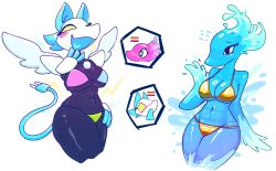 2girls 87_g0d abs bikini black_skin blush breasts cable cable_tail cat_girl colored_skin commentary cropped_legs deltarune electric_plug furry furry_female gold_bikini heart heart_in_mouth highres large_breasts mechanical_tail miss_mizzle monster_girl multicolored_bikini multiple_girls rayman_limbs simple_background slime_girl swimsuit tail tasque_manager toned toned_female yuri