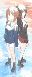 Rule 34 | 1girl, 2girls, back-to-back, black footwear, black jacket, blue jacket, brown eyes, brown hair, from side, girls und panzer, green shirt, highres, itsuki (tanakaitsukiiii), jacket, kuromorimine military uniform, looking at another, looking at viewer, multiple girls, nishizumi maho, nishizumi miho, ooarai military uniform, red skirt, shirt, siblings, skirt, white skirt