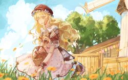 Rule 34 | 1girl, absurdres, apron, basket, blonde hair, blue sky, blunt bangs, bow, buttons, cabin, closed eyes, closed mouth, cloud, collared dress, commentary, cowboy shot, day, dress, earrings, field, floating clothes, floating hair, flower, flower field, frilled apron, frilled dress, frilled headwear, frilled sleeves, frilled wrist cuffs, frills, grey bow, happy, hashtag-only commentary, hat, hat bow, heart, heart print, highres, holding, holding basket, infinity nikki, jewelry, leaf, light blush, lipstick, lolita fashion, long hair, makeup, medium dress, mob cap, nikki (series), outdoors, petals, picking flowers, pink apron, pink lips, plaid clothes, plaid dress, polka dot, polka dot apron, pom pom (clothes), pom pom earrings, puffy short sleeves, puffy sleeves, raccoon print, red dress, red hat, red wrist cuffs, short sleeves, sidelocks, signature, sky, sleeve bow, smile, solo, solyaced, string of flags, sunflower, sweet jazz nights (infinity nikki), tree, wavy hair, white bow, wind, windmill, wrist cuffs, yellow flower