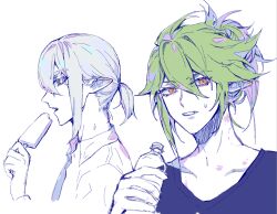 2boys alternate_hairstyle aotu_world bite_mark black_shirt bottle chinese_commentary food green_eyes green_hair grey_hair hair_between_eyes hickey holding holding_bottle holding_food holding_ice_cream ice_cream limited_palette looking_at_viewer macchiato_bi_guanzhong male_focus multiple_boys open_mouth parted_lips pointy_ears ponytail popsicle red_eyes shirt short_hair short_ponytail simple_background sketch spot_color sweat sweatdrop teeth upper_body water_bottle white_background white_shirt xander_(aotu_world) yaoi zain_(aotu_world)