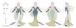 1girl absurdres antennae character_name cockroach_girl crown dress earrings fake_claws flower gloves gradient_hair green_dress green_gloves green_hair hair_flower hair_ornament highres indie_virtual_youtuber insect_wings jewelry long_hair matara_kan matara_kan_(4th_costume) multicolored_hair multiple_views obi official_art pink_eyes pink_hair reference_sheet sandals sash shiyevt turnaround twitter_username virtual_youtuber wavy_hair wings