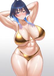 1girl abs absurdres alternate_costume bare_arms bare_shoulders bikini blue_eyes blue_hair blush breasts cipher4109 cleavage closed_mouth collarbone commentary cowboy_shot embarrassed gold_bikini golden_week hair_between_eyes hair_intakes highleg highleg_bikini highres hololive hololive_english huge_breasts long_hair long_sleeves looking_at_viewer medium_hair multicolored_hair navel ouro_kronii satin_bikini shiny_swimsuit simple_background solo stomach swimsuit thighs variant_set virtual_youtuber white_background wolf_cut