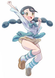 Rule 34 | 1girl, black hair, blue sweater, breasts, candice (pokemon), clothes around waist, creatures (company), game freak, jumping, long hair, miniskirt, multi-tied hair, nintendo, ossannoa, pokemon, pokemon dppt, shoes, skirt, socks, sweater, sweater around waist, thighs