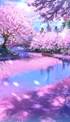 1other absurdres ambiguous_gender arms_at_sides blue_robe boat bridge cherry_blossoms dappled_sunlight day grass hat highres holding holding_oar landscape lens_flare long_sleeves nature oar original outdoors reflection reflective_water rice_hat river robe scenery shadow smile_(qd4nsvik) sunlight tree very_wide_shot watercraft