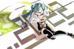 1girl absurdres black_gloves black_shoes black_shorts black_thighhighs blowing_whistle blue_eyes blue_hair flag gloves goodsmile_racing hair_between_eyes hatsune_miku high-waist_shorts high_heels highres holding holding_flag jacket long_hair looking_at_viewer merah_drow on_ground racing_miku racing_miku_(2022) shoes shorts sidelocks sitting solo thighhighs twintails vocaloid white_jacket